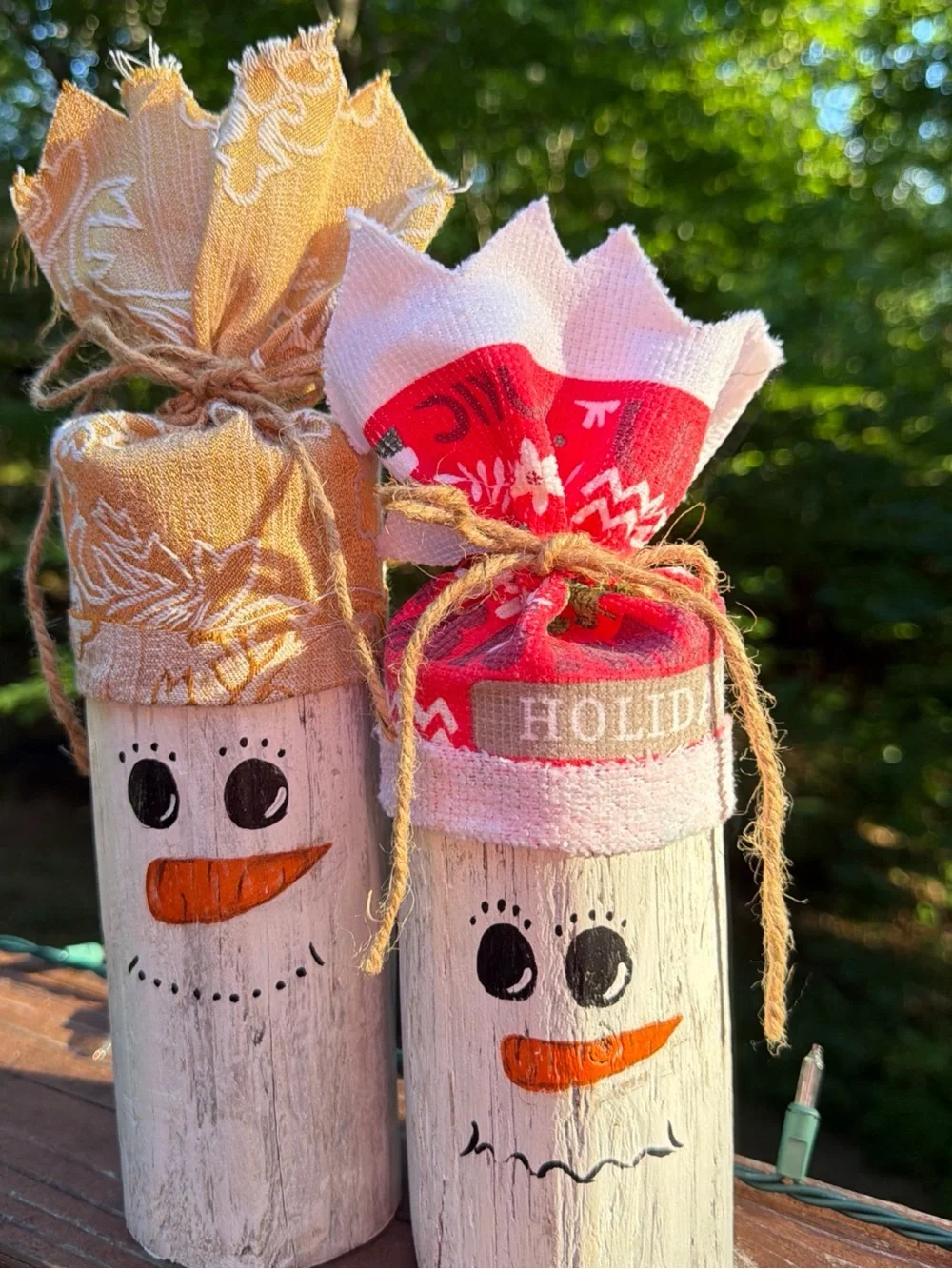 2 Handmade Holiday Snowman Wooden Decor - Red & Tan Fabric Hats